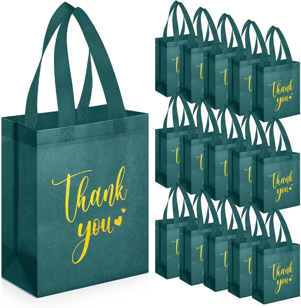 Sweetude 30 Pcs Thank You Gift Bags with Handles, Reusable Non Woven Foldable Goodie Bags Bulk for Graduation Teacher Appreciation Wedding Bridesmaid Favors(10 x 8 x 4 Inch,Dark Green)
