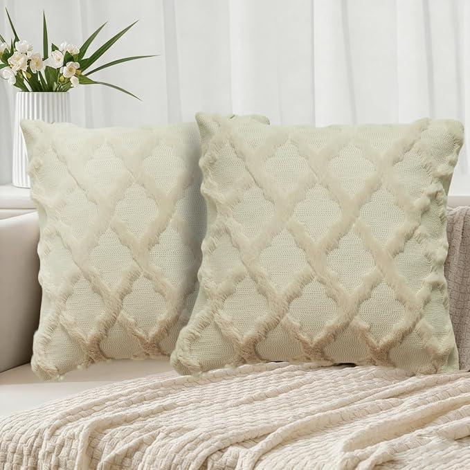EMMTEEY Boho Pillow Cases 18x18 Inch Set of 2, Striped Embroidered Faux Fur Pillow Covers - Wrinkle Free & Decorative Accent Cushion for Sofa Couch Bed (Beige)