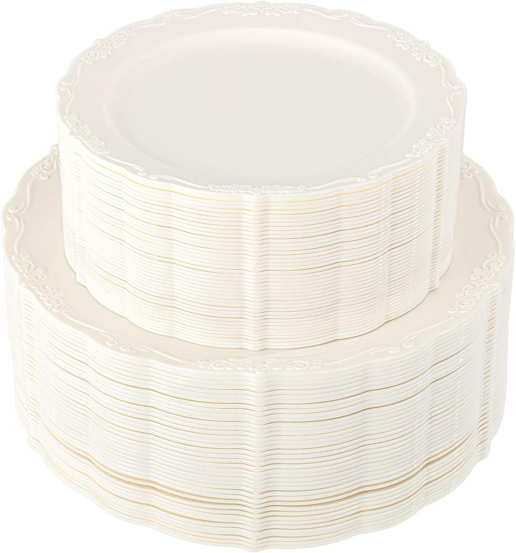 U-QE 100 Pieces Ivory Plastic Plates for Party - Ivory Disposable Plastic Plates - Heavy Duty Disposable Platos Including 50 Dinner 10 '' & 50 Dessert 7.5 '' for Weddings