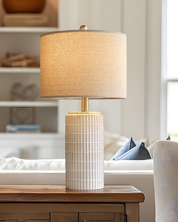PoKat 23'' Bedside Table Lamp for Bedroom Nightstands, Ceramic Lamp for Living Room, White Night Stand Light with Round Linen Shade, Modern, Silver (Singe - Beige and White)