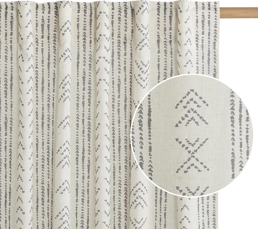 RYB HOME Boho Linen Sheer Curtains for Farmhouse, Light Filtering Printed Curtains & Drapes for Bedroom Living Room, Back Tab Vintage Striped Window Decor for Office, Beige, W 52 x L 84 inch, 2 Panels (*3-grey)