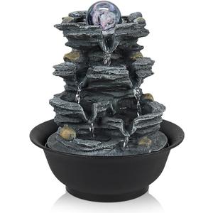 Tabletop Water Indoor Fountain Waterfall Indoor Water Fountains Feng Shui Zen Decorative Desktop Fountain with Colored Led Light and Spinning Ball for Room,Office(Style 1)