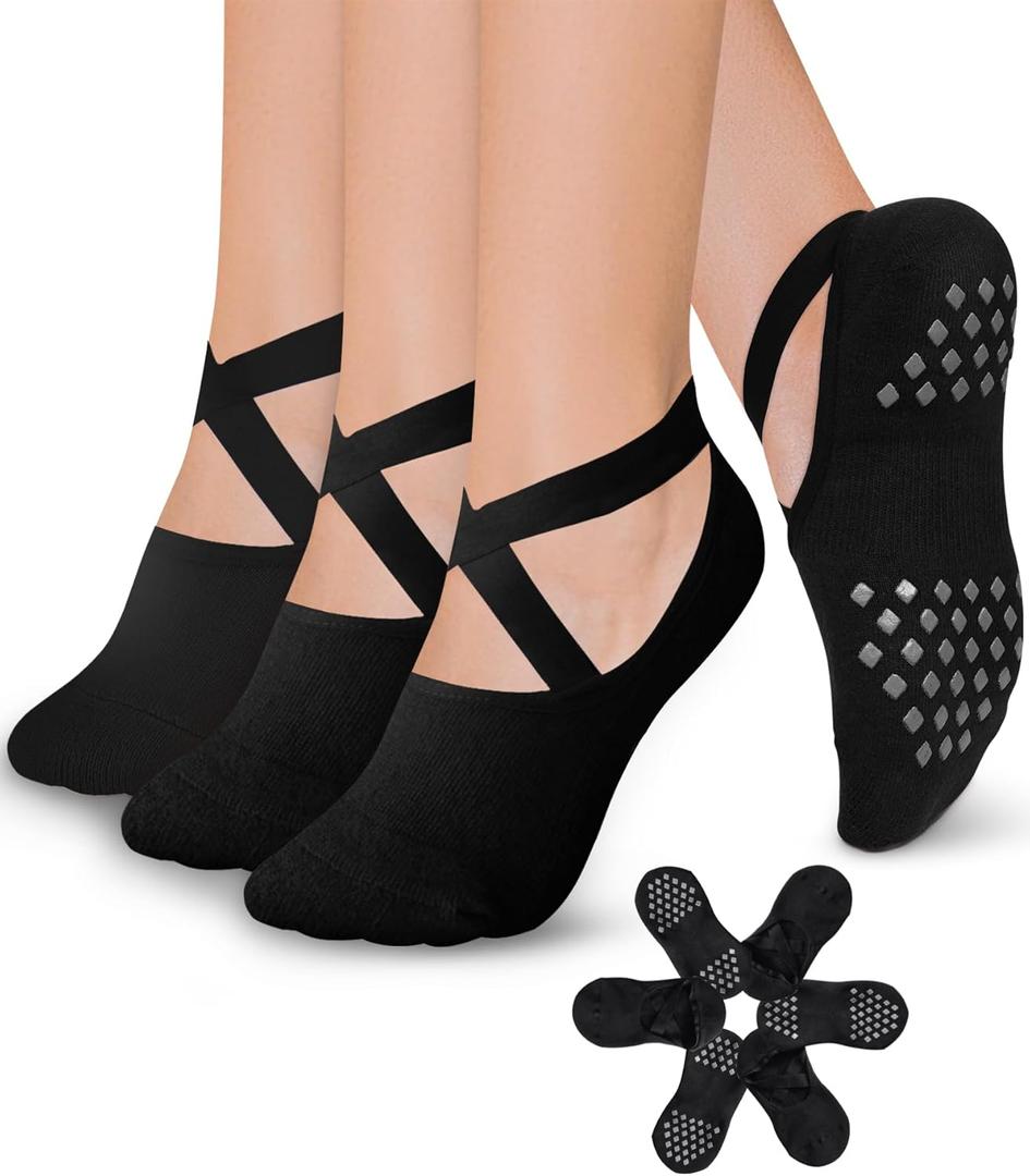 Diu Life 3 Pack Pilates Socks Yoga Socks with Grips for Women Non Slip, Workout, Pure Barre, Ballet, Dance, Hospital Socks (02 Black - 3 Pairs)