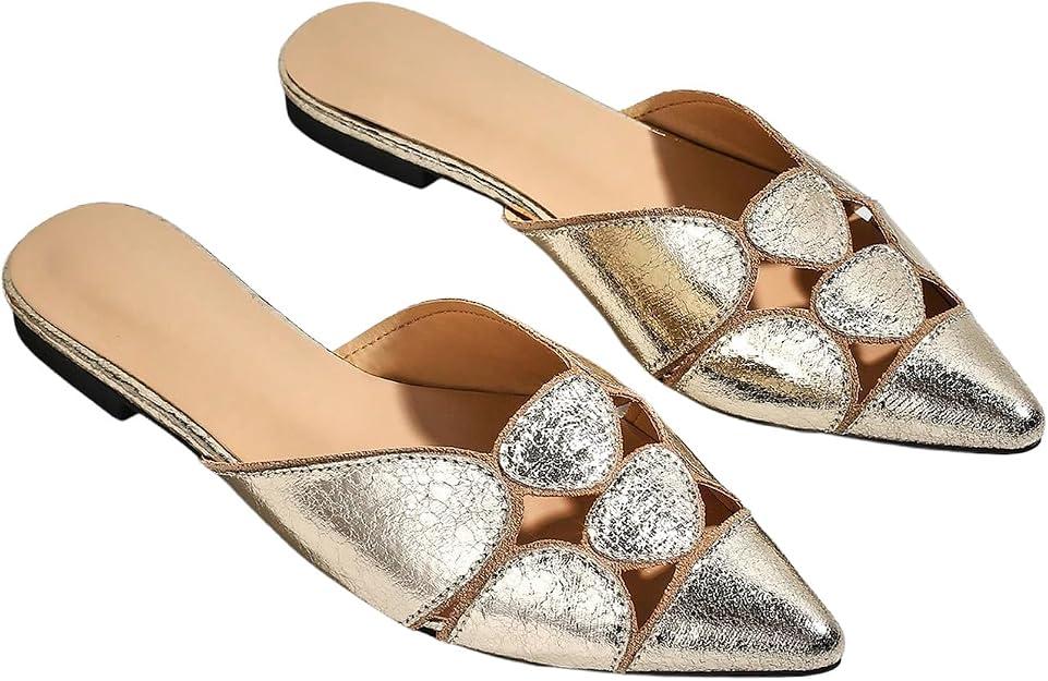 Floerns Women's Cut Out Closed Pointed Toe Backless Flat Mules Slip on Loafer Shoes, 9.5, Gold
