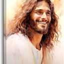 Jesus Wall Art,Laughing Christ with Long Curly Hair Beard Kind Friendly Jesus Portrait Watercolor Painting for Living Room Bedroom Decor Framed (24"L x 16"W)