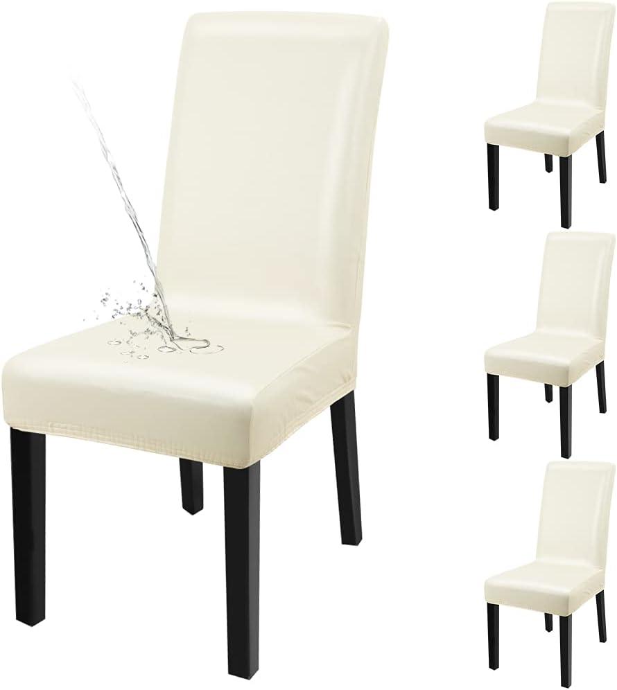 Dining Chair Covers, Solid Pu Leather Waterproof and Oilproof Stretch Dining Chair Protector Cover Slipcover (Beige, 4 Pack)