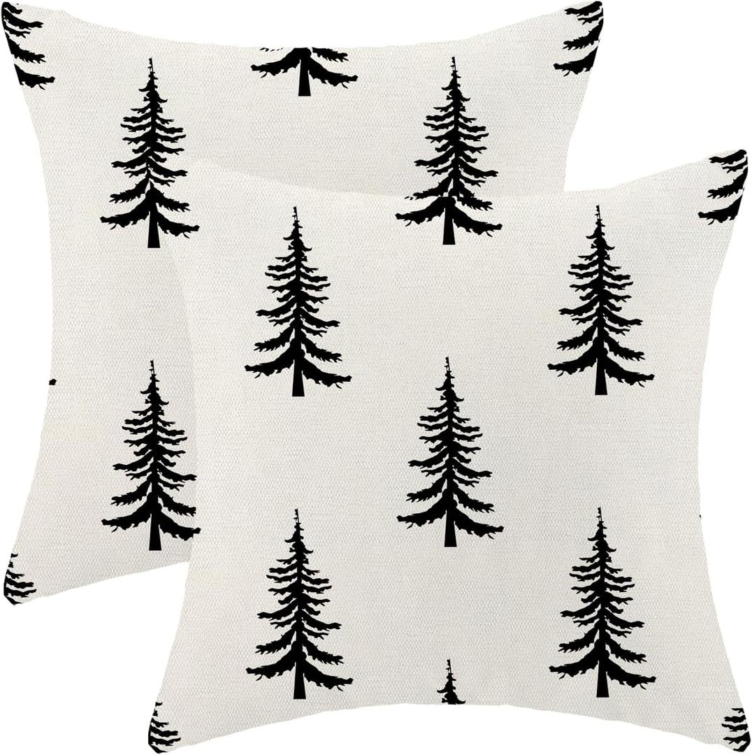 Christmas Pillow Covers 18x18 Inch Set of 2 Cream Black Christmas Tree Decor Throw Pillows Winter Xmas Holiday Outdoor Cushion Cases for Couch Bed Decorations