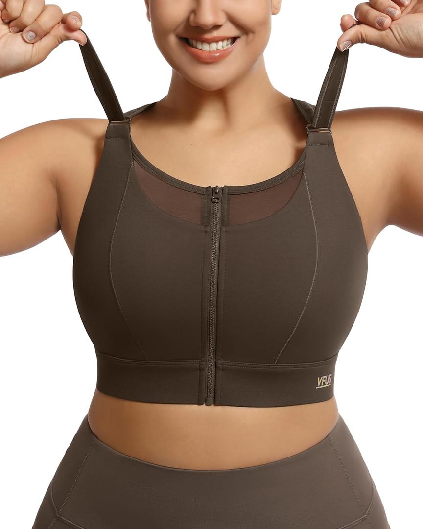 Adjustable High Impact Sports Bra Zip Front Sexy Mesh Racerback Workout No Bounce Compression Bras for Women Plus Size (XX-Large, Sycamore)