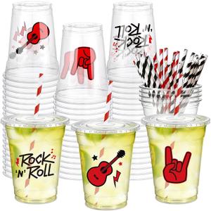 Newtay 60 Pcs Rock and Roll Cups Bulk 12oz Guitar-themed Plastic Cups with Lids Straws Retro Music Party Favors for Birthday Baby Shower Music Parties Decorations