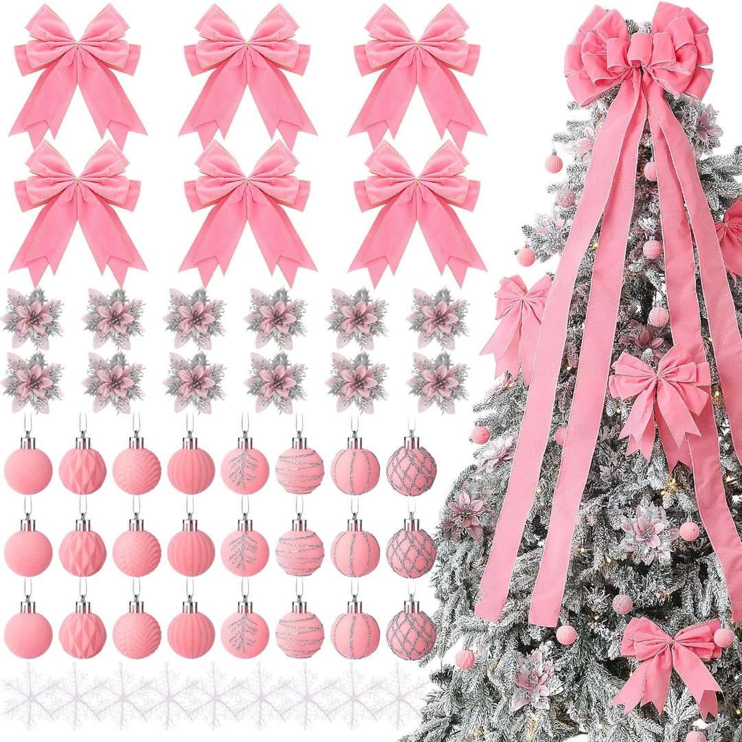 Halloscume 52 Pcs Pink Christmas Tree Decoration Set Include 44'' Large Topper Velvet Bow 12 Poinsettia Flowers 24 Velvet Ball Ornaments 6 Pink Christmas Bow 9 Xmas Snowflakes for Holiday Party Decor