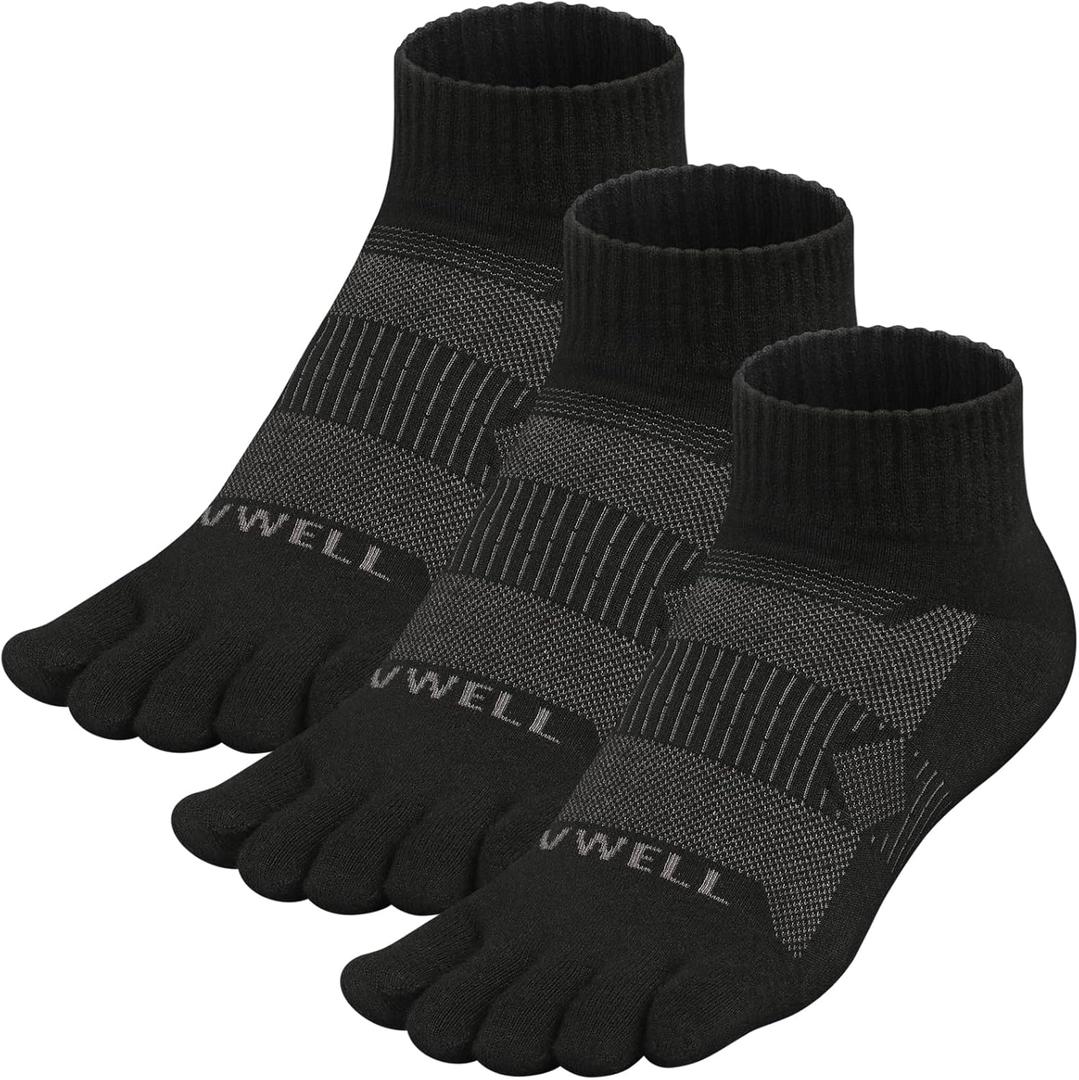 VWELL Merino Wool Toe Socks for Men and Women, Moisture Wicking Ankle Five Finger socks Athletic Running (3Pairs) (Medium, Black)