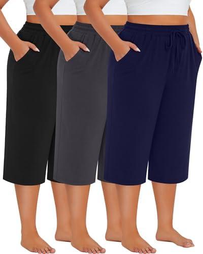 Neer 2 Pack Women's Plus Size Cotton Capris, Stretchy Wide Leg Cropped Pants with Pockets Fit Loose Lounge Pajama Sweatpants, Blue and Black, Size XXL