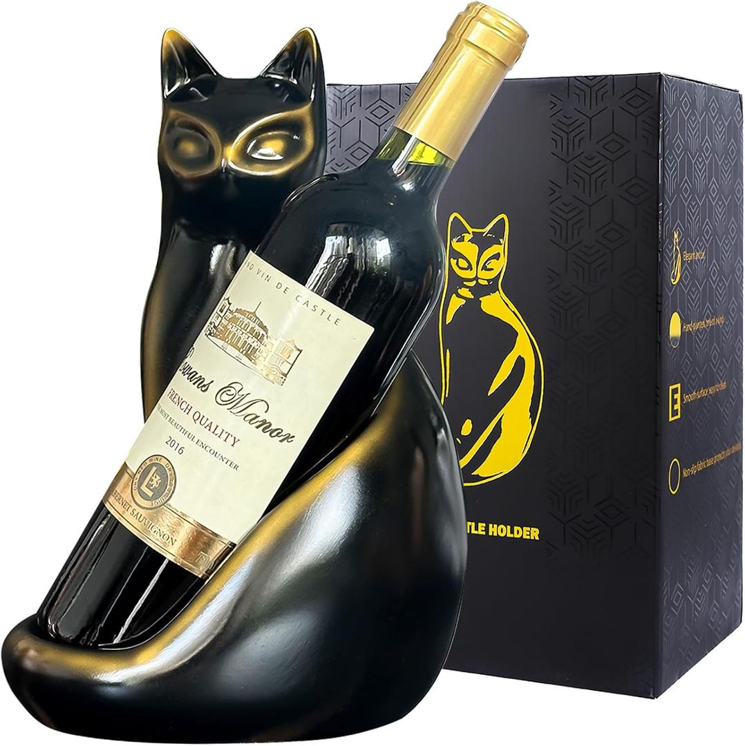 Cat Wine Bottle Holder Decorative, Tabletop Wine Racks Countertop, Cat Decor Wine Stand Gifts for Wine Lovers Women, Water Bottle Organizer for Cabinet, Black Wine Rack