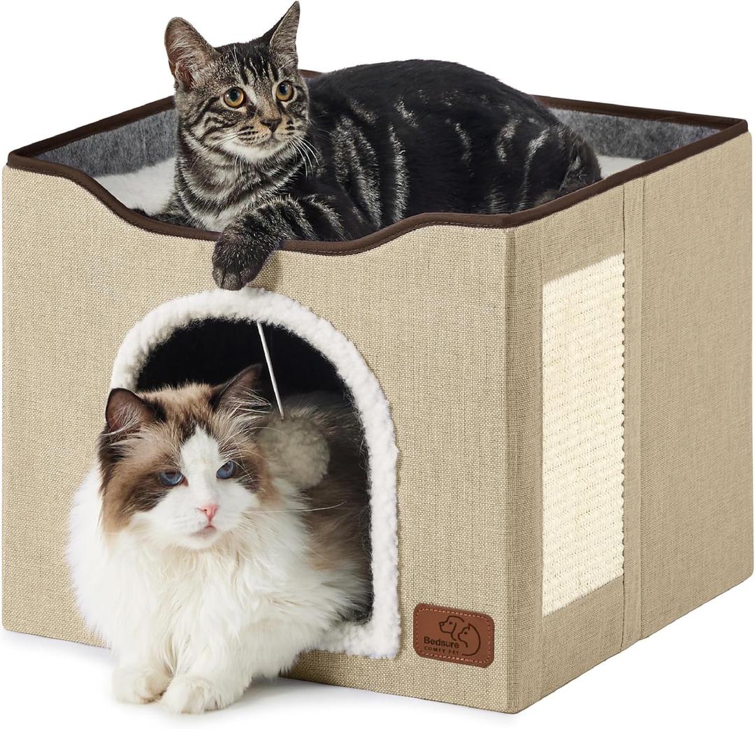 Bedsure Cat Beds for Indoor Cats - Large Cat Cave for Pet Cat House with Fluffy Ball Hanging and Scratch Pad, Foldable Cat Hideaway, 16.5x16.5x13 inches, Brown (Single)