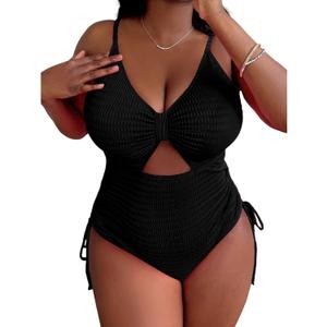 Sexybody Women' s Plus Size Bikini High Waisted One Piece Swimsuits Ribbed Tummy Control Cutout Bathing Suits Ruched V Neck (3X-Large, 138 Black)