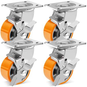 W B D WEIBIDA 4-Inch Industrial Grade Casters Wheels, Heavy Duty Casters Set of 4 with Brake 3200 Lbs, Maintenance-Free Polyurethane on Aluminum Wheels, Plate Swivel Casters for Machine, Workbench