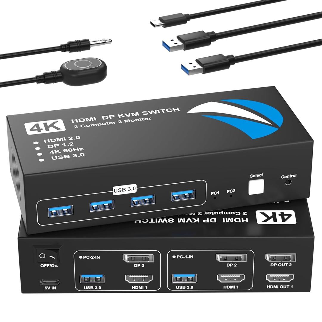 HDMI DisplayPort KVM Switch 2 Monitors 2 Computers, 4K@60Hz Dual Monitor KVM Switches HDMI DisplayPort for 2 Computers Share 2 Monitors and 4 USB Devices for Keybord Mouse Printer Hard Drive