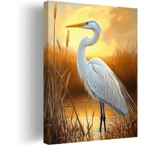 CCWORKERRY White Heron Pictures Bathroom Wall Decor Coastal Bird Couple Painting Beach Egret Poster Wildlife Reed Canvas Prints Hallway Decor(Yellow,16L x 24W)