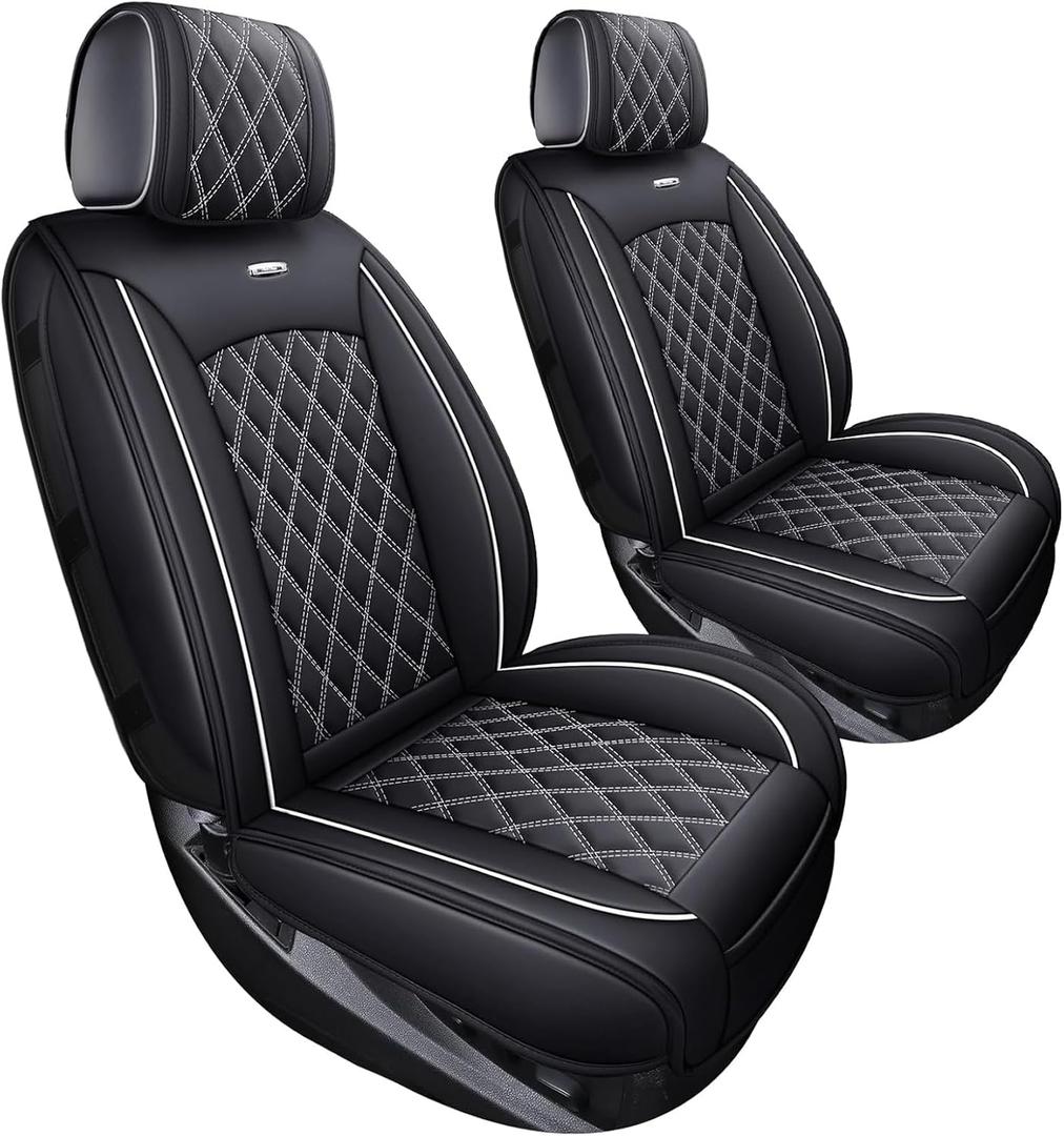 Front Seat Covers Chevy Silverado GMC Sierra Pickup Trail Boss Z71 Custom Fit 2007-2026 1500 2500HD 3500HD Crew Double Extended Cab Waterproof Leather Seat Protectors(2 PCS Front, Black-White)