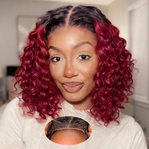 UCUVIC Wear And Go Glueless Wigs Human Hair Pre Plucked Pre Cut Curly 5x5 Deep Wave Bob Wig Human Hair Lace Front Closure Wigs For Black Women 200 Density Curly Wig Glueless Ombre Burgundy 12 Inch