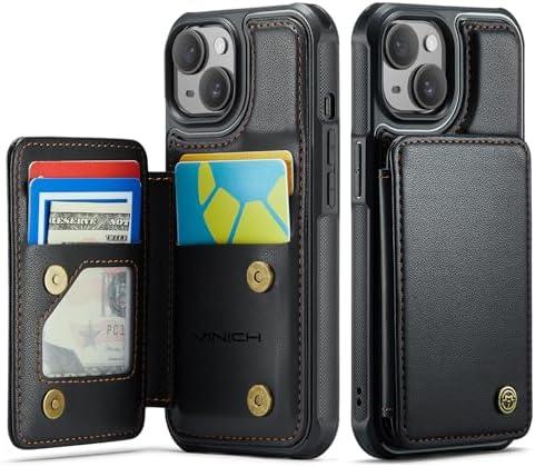 Vinich for iPhone 15 Wallet Case with Card Holder, RFID Blocking Credit Slots Kickstand Shockproof Phone Cover for Women Men, Black