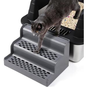 Cat Litter Box Ramp, 3-Step Cat Step for Litter Box with Filter Function, Removable Tray, Washable and Easy to Clean, Filter Pedal Stair for Kitten & Elderly Cats (Dark Grey)