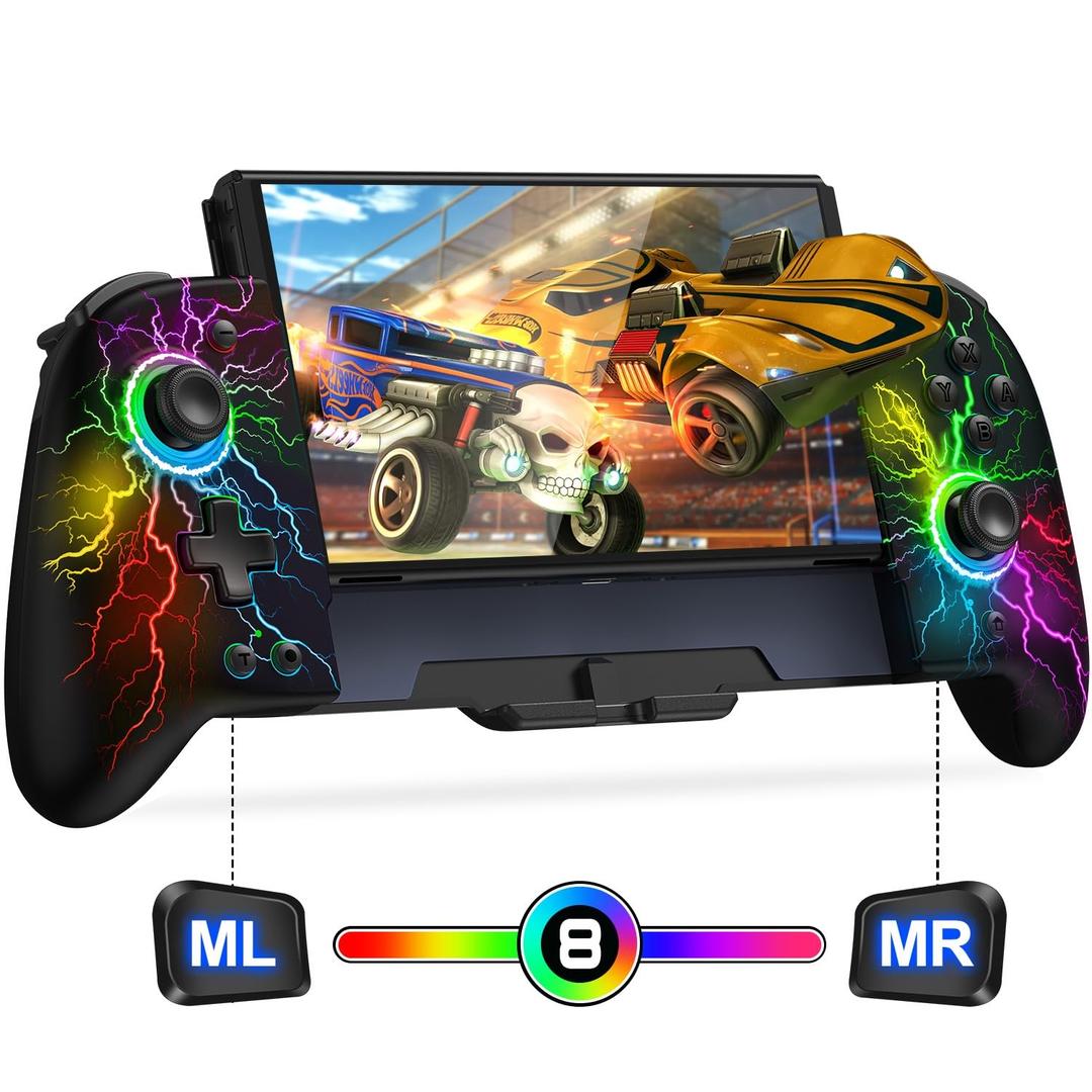 Gammeefy JC200 Switch Controller - Hall Effect One-Piece Wireless Switch Joypad (No Drift, No Deadzone) with 9 Color Lights for Nintendo Switch/Switch OLED (Switch 1 - (6.2"/7"), Lightning Pattern)
