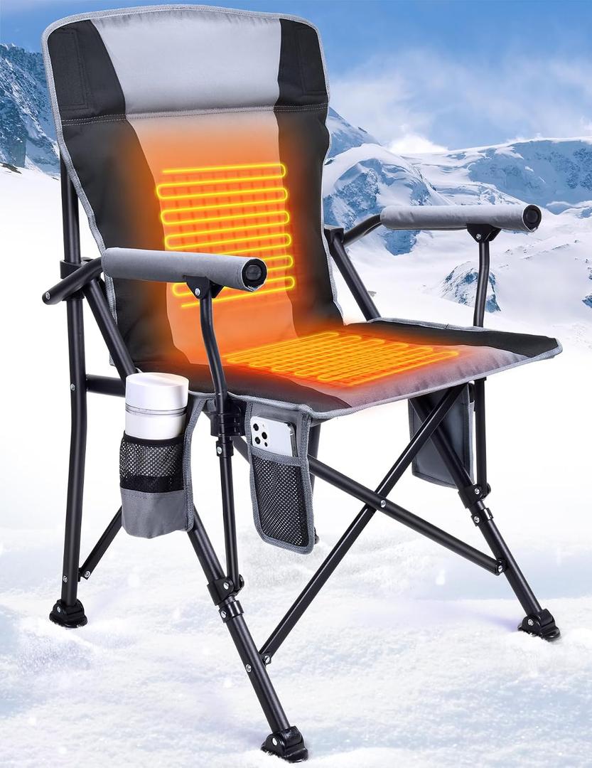 Docusvect Heated Camping Chair for Adults, Heats Back and Seat, 3 Heat Levels, Fully Padded Heated Folding Chair for Outdoor Sports with Cup Holder, Rich Pockets, Battery NOT Included, Adult Size