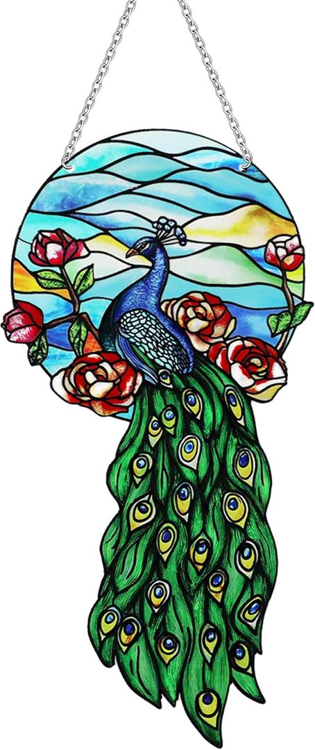 Peacock Suncatcher Stained Glass, Peacock Art Glass Suncatcher Hanging, Bird Suncatcher for Patio/Mom/Window (Green)