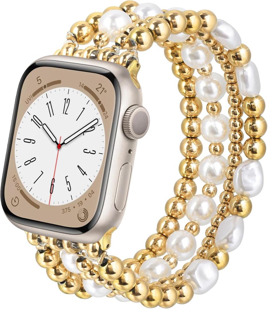 AIRSPO Gold Beaded Bracelets Compatible for Apple Watch Band 38mm 40mm 41mm Women, 14K Gold Plated Bead iPhone Watch Bands Elastic Stretchy Strap for iWatch Series SE 8 7 6 5 4 3 2 1,Large