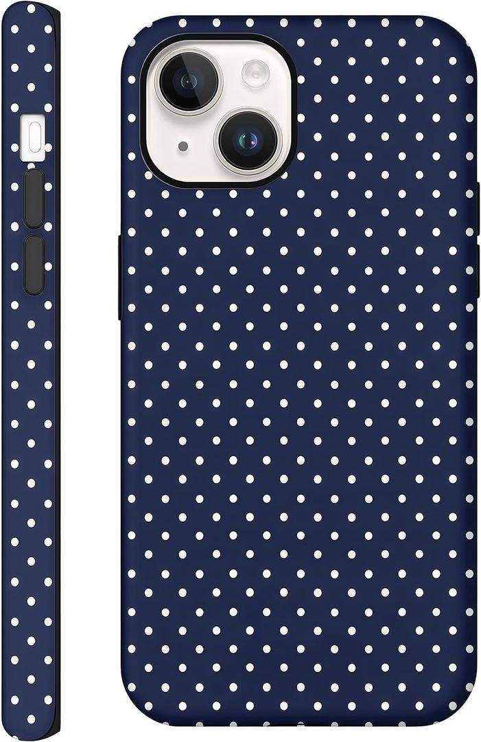Case for iPhone 15 Plus/14 Plus, Glossy Hybrid 2-Layer Hard Shell, Aesthetic Scratch Resistant Cover, Navy Blue Polka Dot