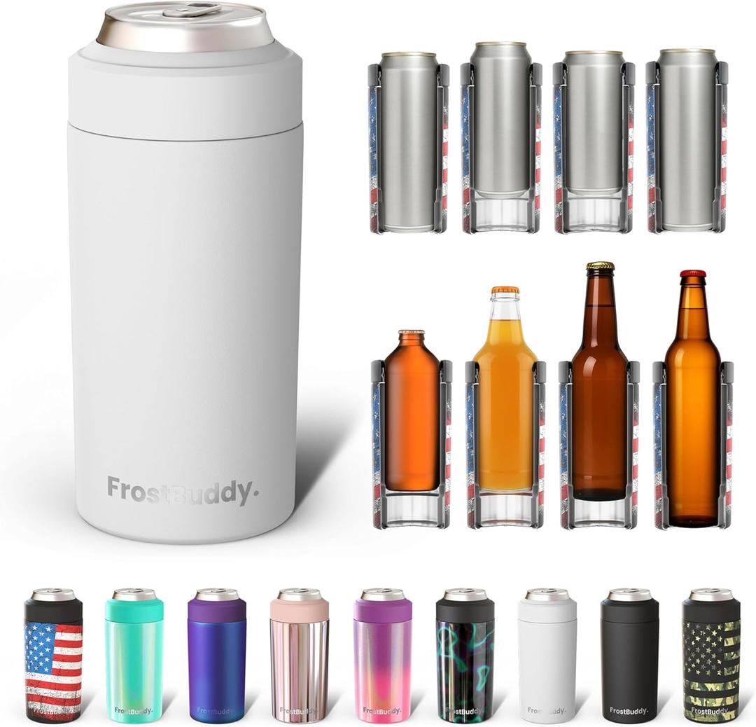 Frost Buddy Universal Buddy Can Cooler - Fits All - For Regular 12 & 16 oz or Slim-Size Bottles - Insulated Double -Walled Stainless Steel (All White)