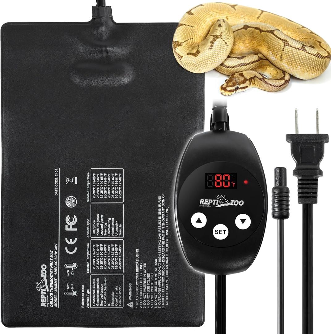 REPTI ZOO 8" X 12" Reptile Heat Pad 24W Fast Heating Pad with Adjustable Thermostat Reptile Heat Mat for Turtles/Hermit Crabs/Bearded Dragons/Leopard Geckos/Snakes/Lizards, and Seed Germination