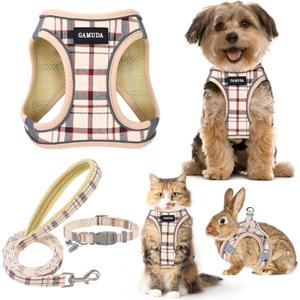 GAMUDA Small Dog Harness Collar and Leash Set, Step in No Chock No Pull Soft Mesh Adjustable Dog Vest Harnesses Plaid Reflective for Dogs Puppy Cats Kitten Rabbit (Beige Red, XXXS)