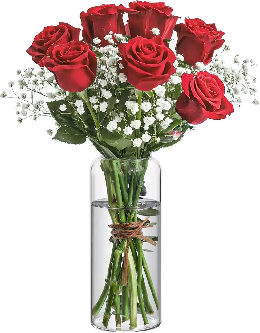 ComSaf Glass Flower Vase, 8 Inch Tall Bud Vases, Home Decor Vases for Centerpiece for Living Room and Bedroom, Decorative Vases for Wedding, Valentines' Day, Mother's Day (Clear)