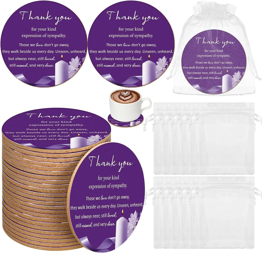 50 Pcs Funeral Favors Celebration of Life Favors for Purple Cork Coasters Bulk Round Absorbent Funeral Memory Cork Coaster with Bags Sympathy Gift for Memorial Party Guest Return Gifts