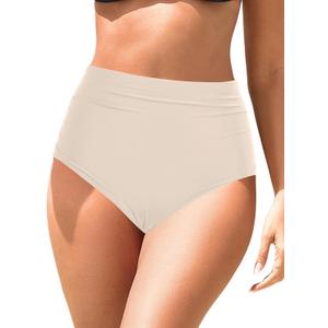Zmart High Waisted Bikini Bottoms - Women's Full Coverage Ruched Bathing Suit Bottom Low Cut Swimsuit Beige S
