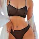 SOLY HUX Women's Mesh Solid Sheer See Through Lingerie Set Sexy Lace Bra and Panty 2 Piece (Small, Solid Black)