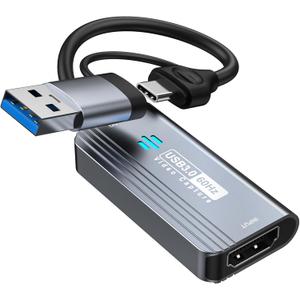 Video Capture Card, 4K HDMI to USB/USB C 3.0 Capture Card, 1080P 60FPS Video Capture Device, for Streaming, Teaching,Gaming, Video conferencing or Live Broadcasting (Grey)