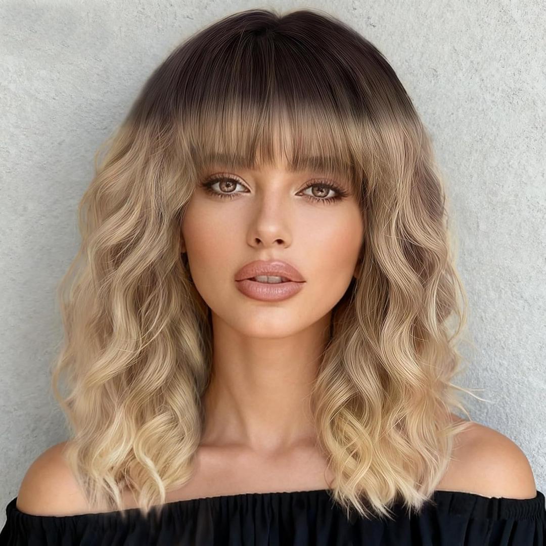 XIXIBI Blonde Wigs with Bangs Short Ombre Blonde Wavy Bob Wigs for Women Natural Looking Heat Resistant Synthetic Wigs for Daily Party Cosplay Use 14 Inch