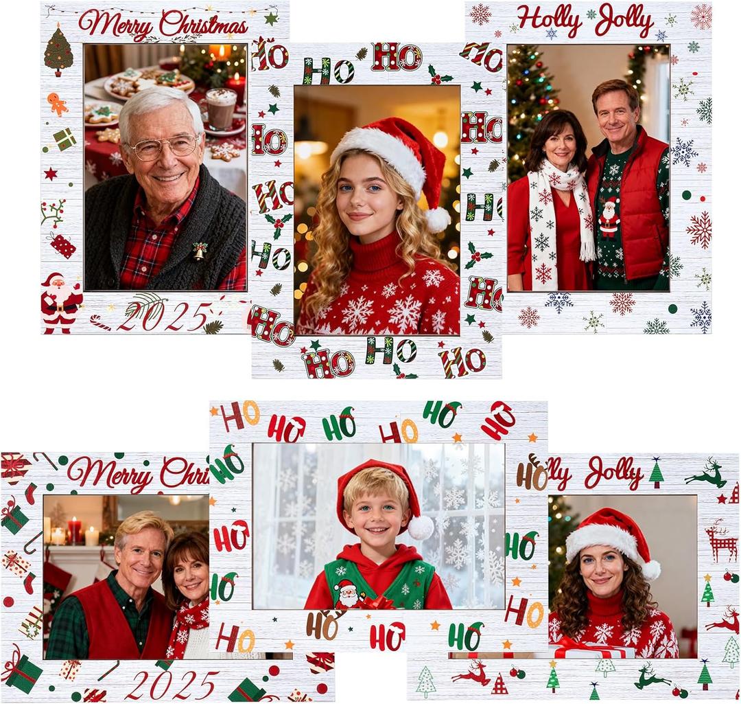 LawnIdyll 4 x 6 Christmas Picture Frame, 6 Pcs Christmas Wooden Photo Frame, Horizontal and Vertical Xmas Tabletop Display for Holiday Gifts Home Decorations Ornaments
