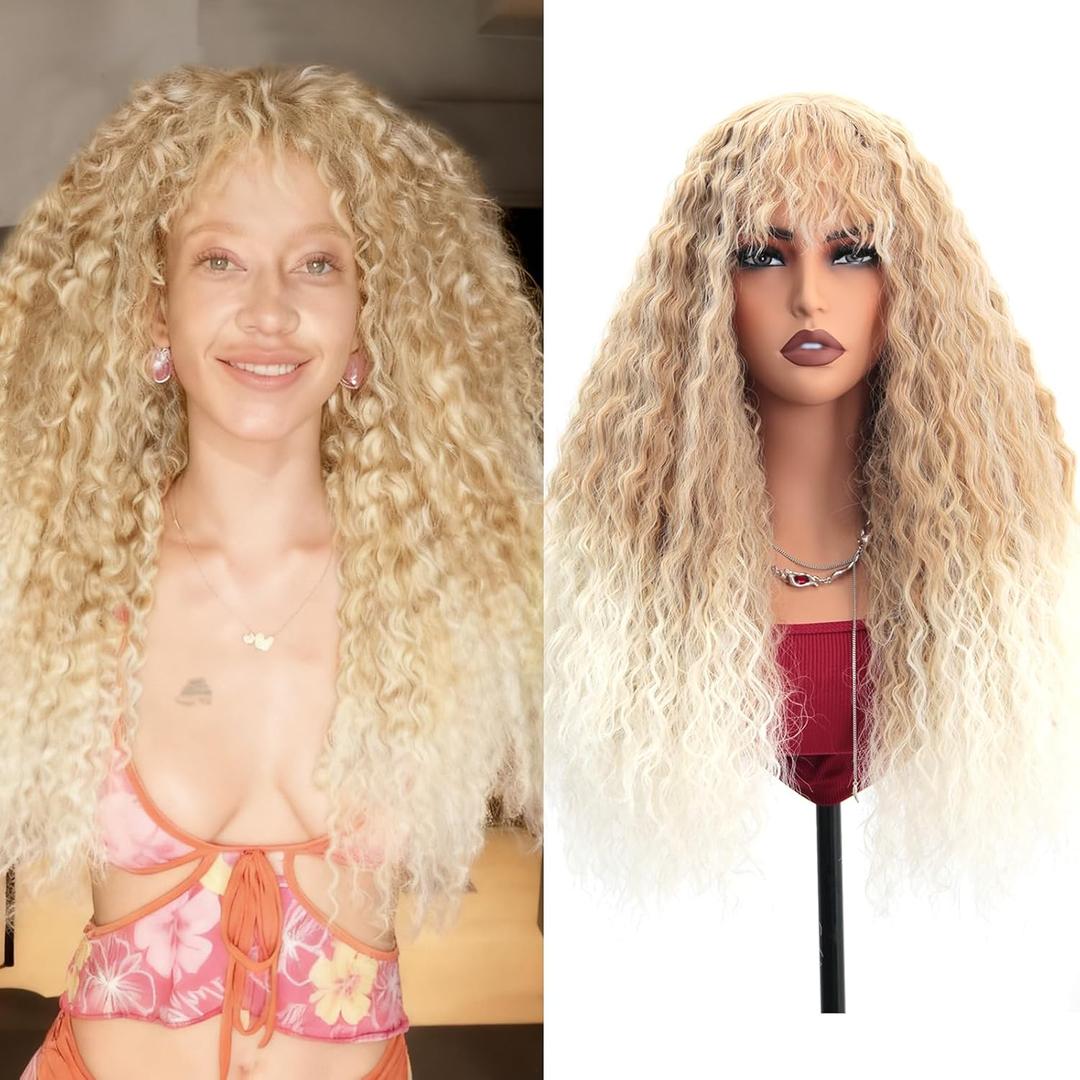 YXCHERISHAIR Curly Wigs for Black Women Ombre Blonde Afro Bomb Curly Wig with Bangs Long Curly Wavy Wig Synthetic Fiber Glueless Long Kinky Curly Hair (T27/613, 24inch)