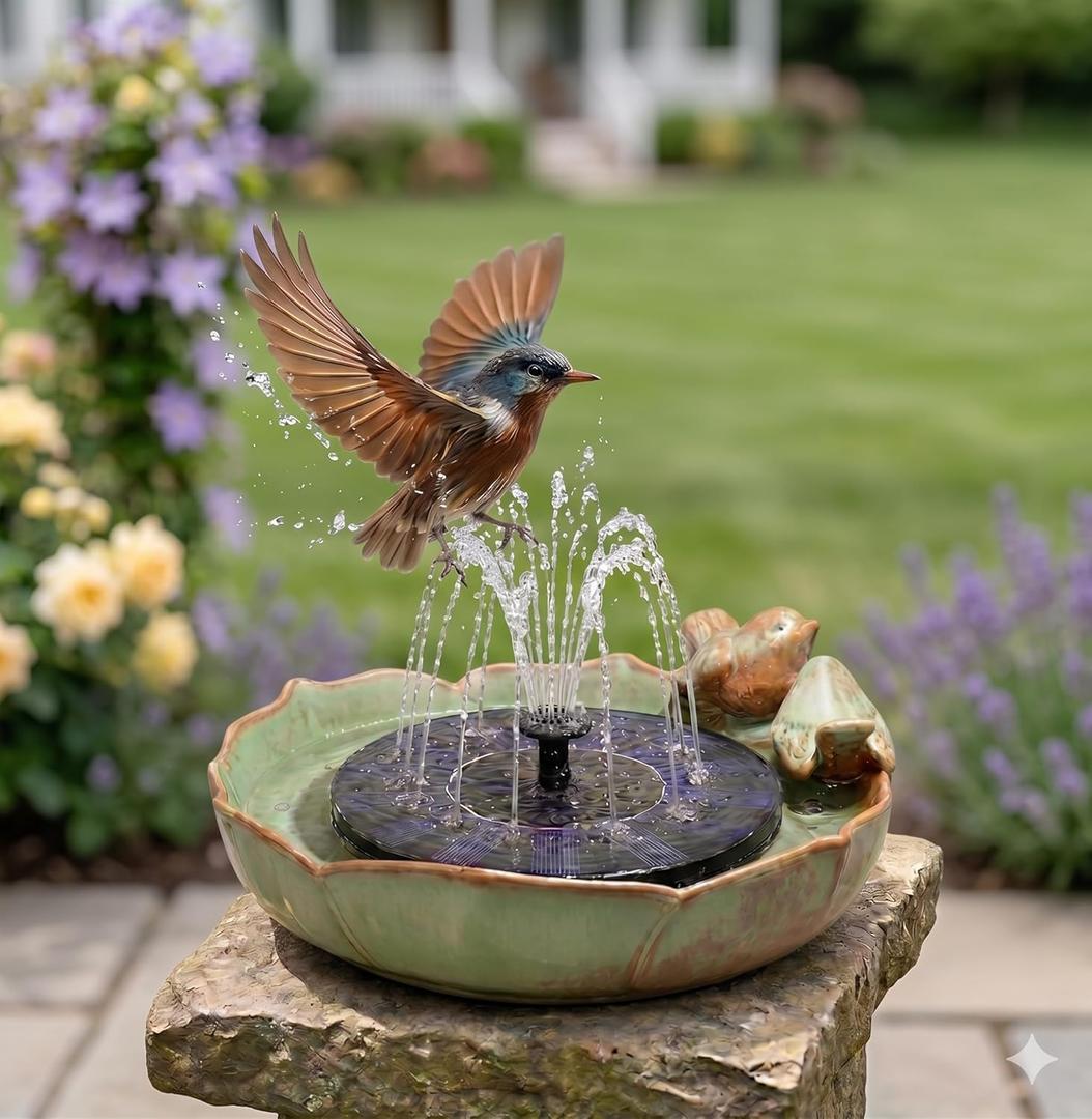 Solar Hummingbird Fountain,Ceramic Birdbath Bowl Water for Outdoor, Solar Powered Ground Bird Feeders and birdbath for Outdoors, Tabletop, Deck, Balcony Patio, Lawn,Yard Garden Decor