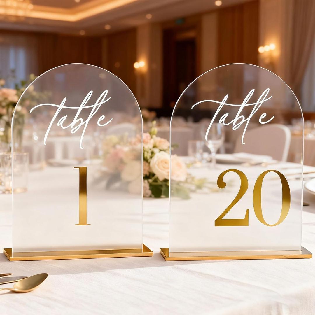 Clear Arch Acrylic Wedding Table Numbers 1-20 with Stands, 5.5"x7" Arched Acrylic Wedding Seating Chart Signs with Gold Mirror Numbers, Table Number Holders for Party Anniversary, Ideal Mothers Day Gift