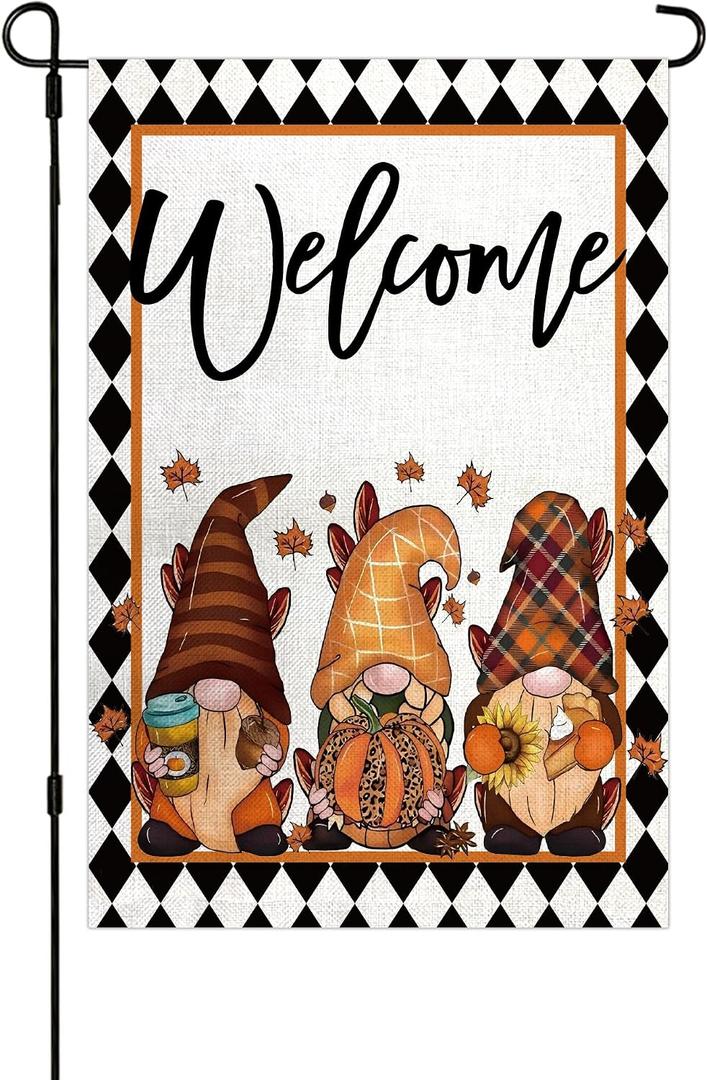2 x Fall Garden Flag Welcome Gnomes Yard Flag 12x18 Double Sided Burlap, Autumn Pumpkin Maple Leaves Yard Flags for Thanksgiving Rustic Seasonal Outside Outdoor Decoration