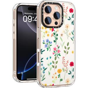 Wildflower Phone Case for iPhone 16 Pro Cute Trendy Aesthetic Floral Design for Women & Girls - Military-Grade Drop Protection - Clear Hard Shell Protective Cover - Red Blue Wildflowers