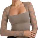 PINKMSTYLE Women Sexy Square Neck Lace Long Sleeve Tops (Brown)