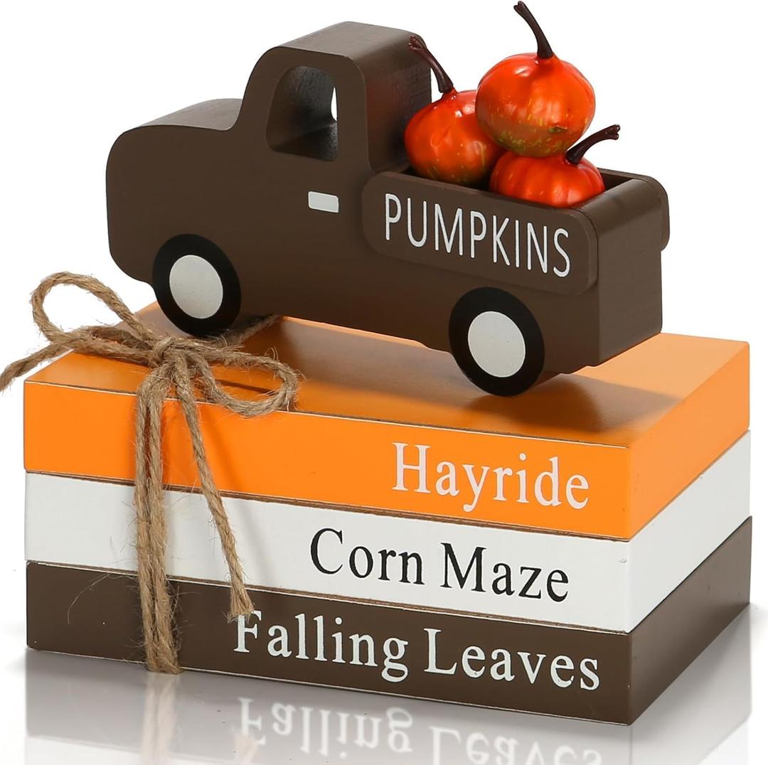 Fall Decorations for Home 7PCS Table Centerpieces, Tabletop Thanksgiving Decor for Tiered Tray Shelf Mantel Office Desk Thanksgiving Autumn Decoration Farmhouse Wood Faux Book Stack and Pumpkin Sign