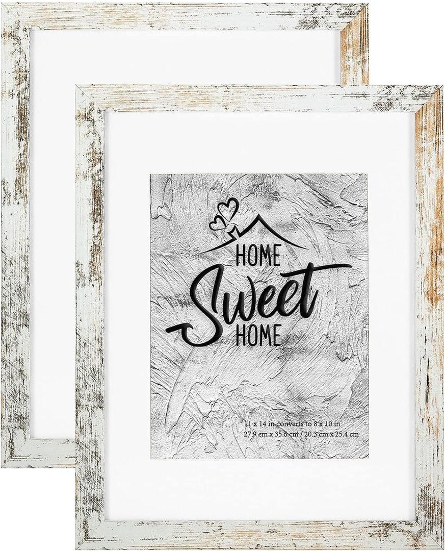 Califortree Rustic White 11x14 Picture Frame - Display Photos 8x10 with Mat or 11x14 Without Mat - HD Glass Inside, Set of 2
