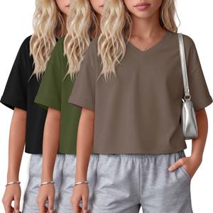 LessonZoo 3 Pack Girls Crop Tops Short Sleeve, 3-Color, 7-8 Years